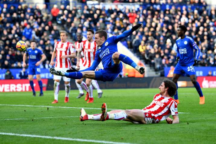 India Tv - Jamie Vardy has a crack at shot against Stoke