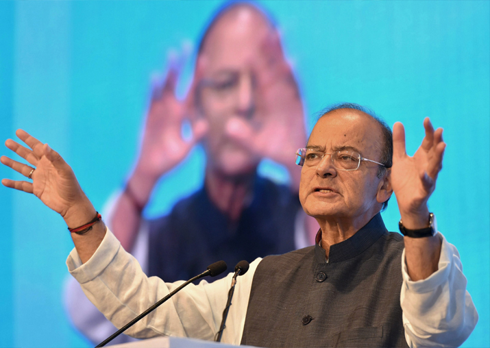Finance Minister Arun Jaitley gestures as he speaks during