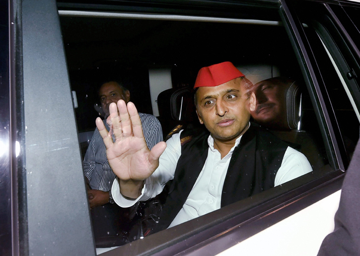 SP president Akhilesh Yadav leaves after attending a