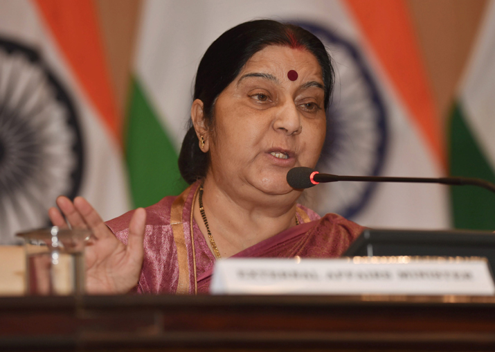 External Affairs Minister Sushma Swaraj addresses a press