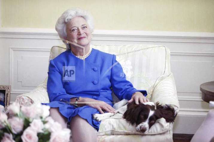 In this 1990 file photo, first lady Barbara Bush poses with