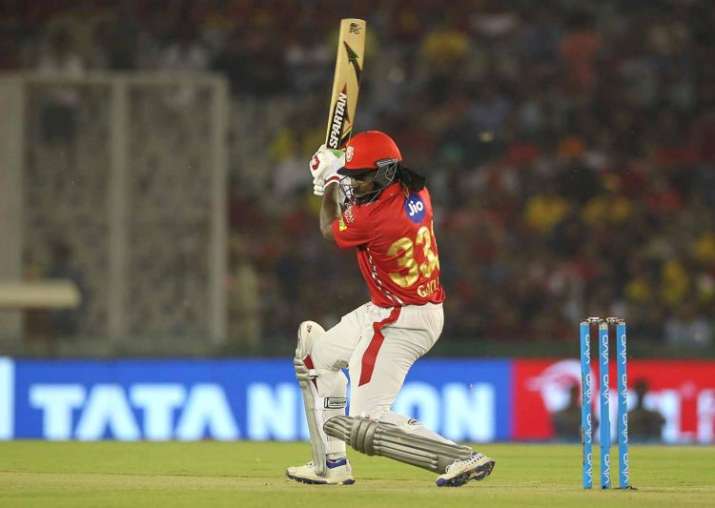 Live Score, Chris Gayle in action during the IPL 2018 match