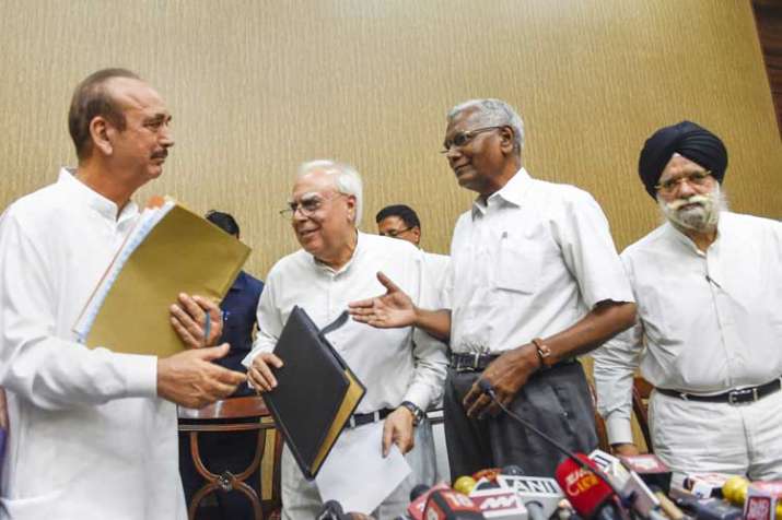 Congress leaders Ghulam Nabi Azad, Kapil Sibal, CPI's D