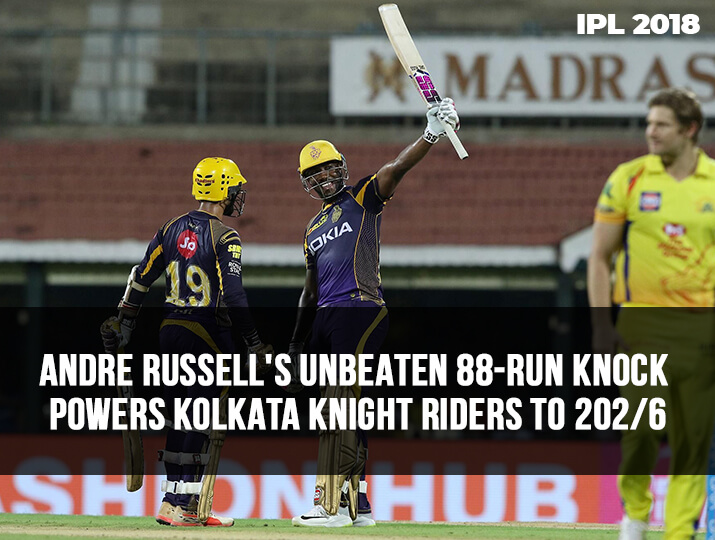 India Tv - Russell's unbeaten 88-run knock powers KKR to 202/6