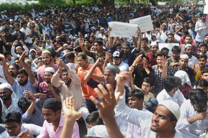 Aligarh Muslim University students stage a protest over