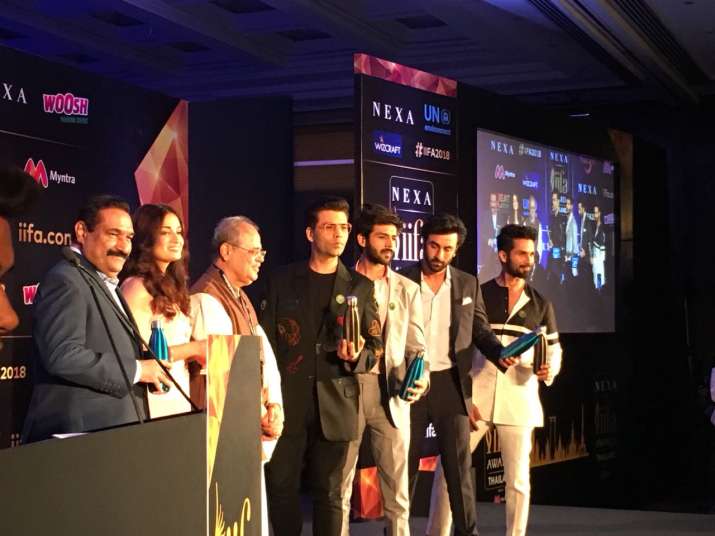 India Tv - Diya Mirza, Karan Johar, Kartik Aryan, Ranbir Kapoor and Shahid Kapoor at IIFA 2018 Press Conference in Delhi.