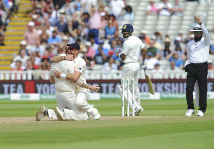 India Tv - Anderson celebrated with Stokes after Kohli's dismissal in Birmingham
