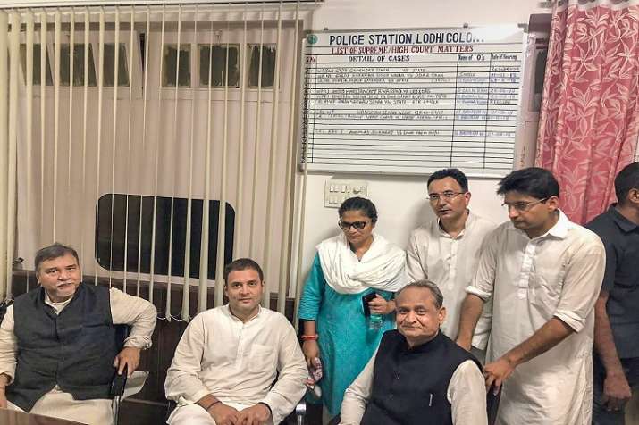 India Tv - Congress President Rahul Gandhi and senior party leaders at a police station after being detained. (Photo/PTI
