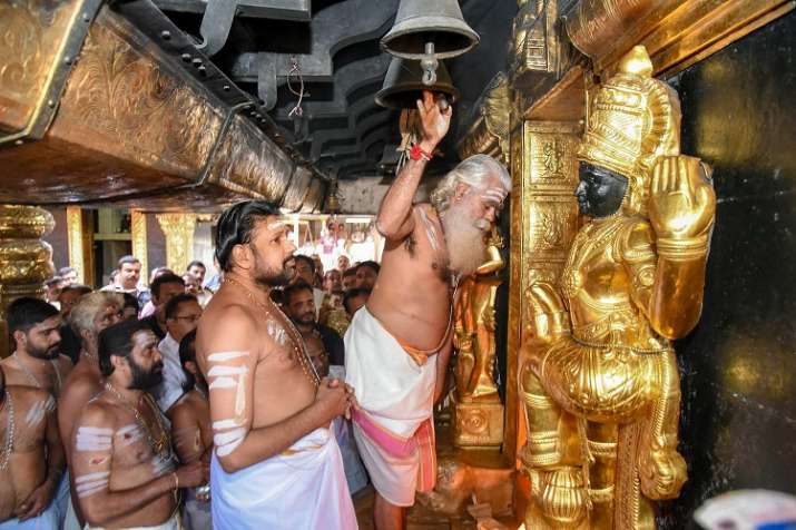 India Tv - Temple priests offer prayers at Sabarimala Temple, Monday, Nov 05, 2018. This is the second time the hill temple opened for 'darshan' after the Supreme Court allowed entry of women of all age groups into it.  
