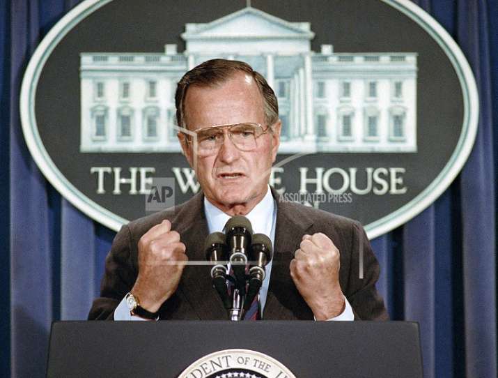 India Tv - In this June 5, 1989 file photo, then US President George HW Bush holds a news conference at the White House in Washington where he condemned the Chinese crackdown on pro-democracy demonstrators in Beijing's Tiananmen Square. (AP Photo/Marcy Nighswander, File)  