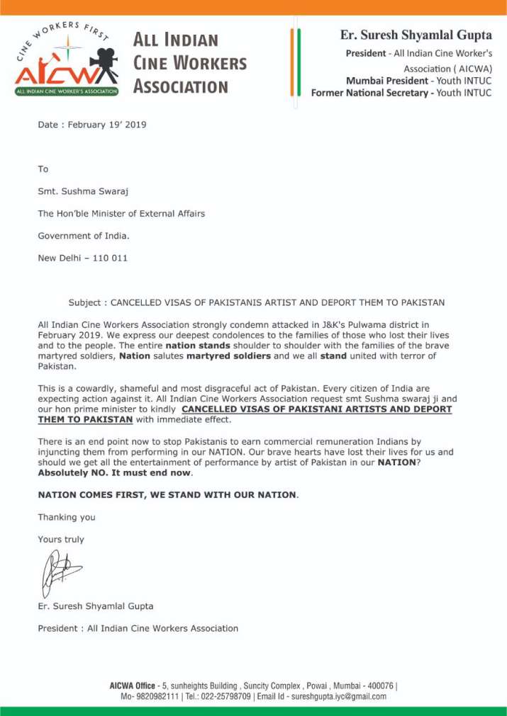 India Tv - Cancel work visas of Pakistani artists, requests AICWA