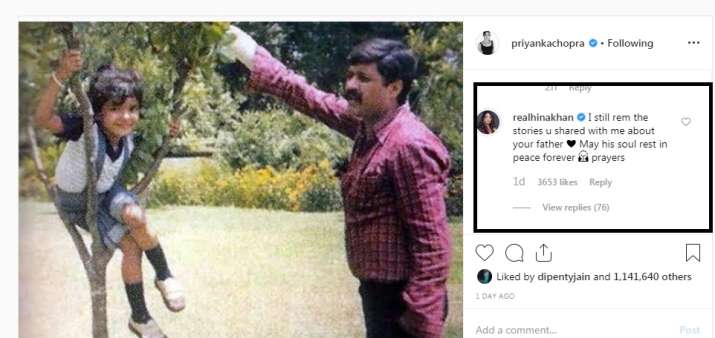  India Tv - Comment by Hina Khan on the last post of Priyanka Chopra, because she misses her father on her birthday. 