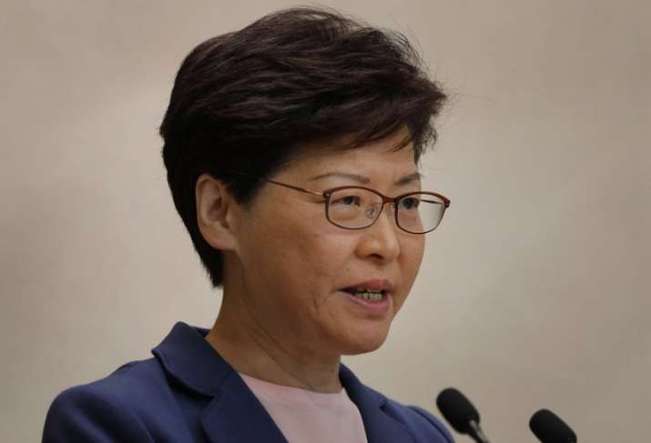 Hong Kong Chief Executive Carrie Lam pauses during a press