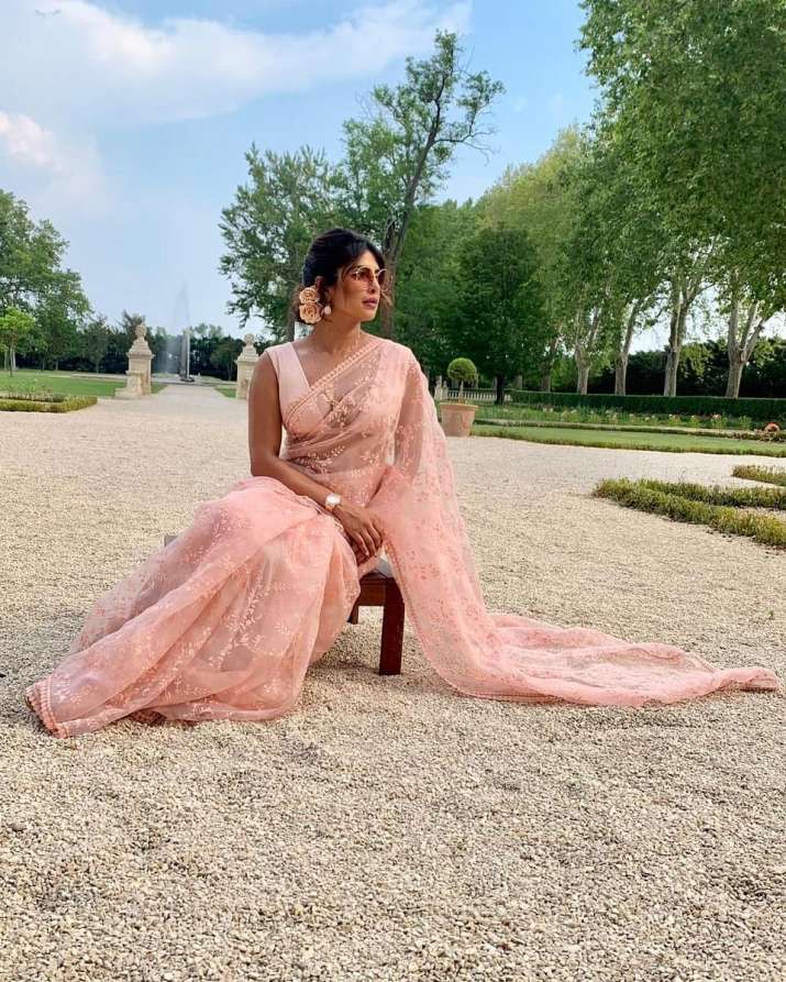 India Tv - Priyanka Chopra in Sabyasachi Mukerjee saree for Joe and Sophie's wedding