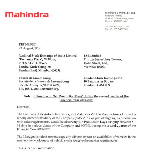 India Tv - Mahindra & Mahindra notified that production in their units across India has been stopped for next 8