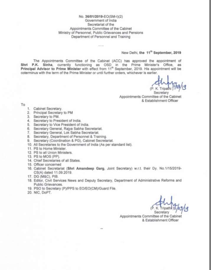 Pramod Kumar Sinha Appointed Principal Advisor P K Mishra