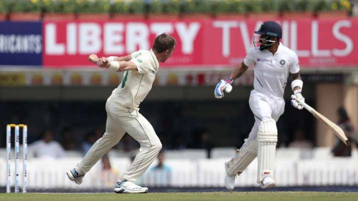 South Africa's Anrich Nortje, left, celebrates the