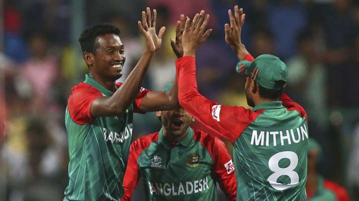 Al-Amin Hossain of Bangladesh celebrates after taking the