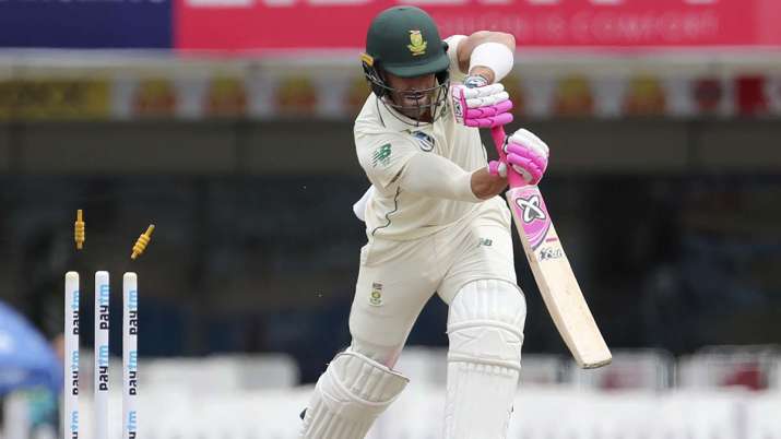 South Africa's captain Faf du Plessis is bowled out by