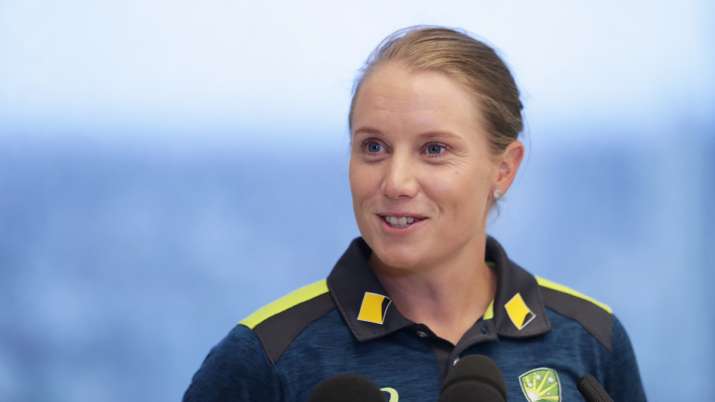 Australian cricketer Alyssa Healy speaks to the media