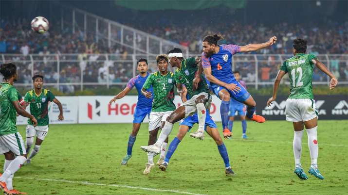 India's defender Adil (6) scores a goal during FIFA World