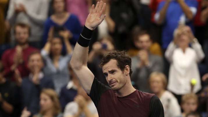 Andy Murray of Britain reacts after winning the European