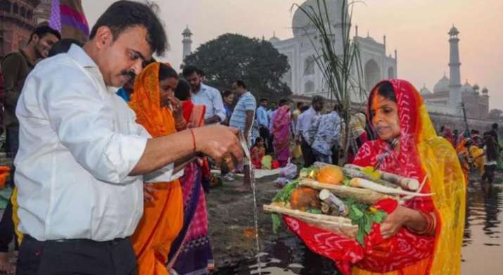 India Tv - Devotees perform Chhath Puja in Agra
