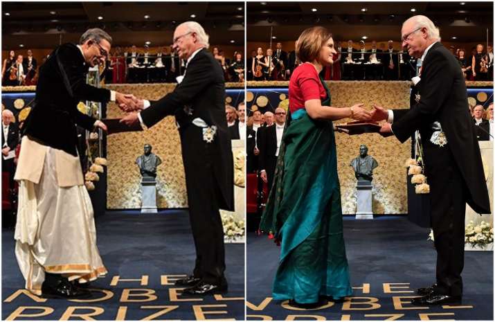 Image result for Abhijit Banerjee, wife Duflo draped in Dhoti and Sari receive medals of Nobel Prize