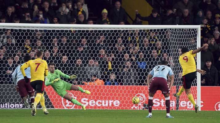 Watford's Troy Deeney scores against Aston Villa during the