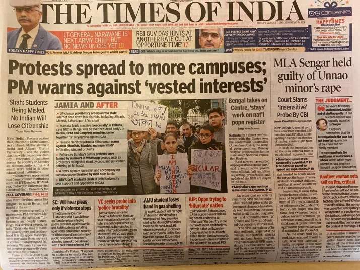 How Major Indian Newspapers Reacted To Nationwide Anti Caa Protests