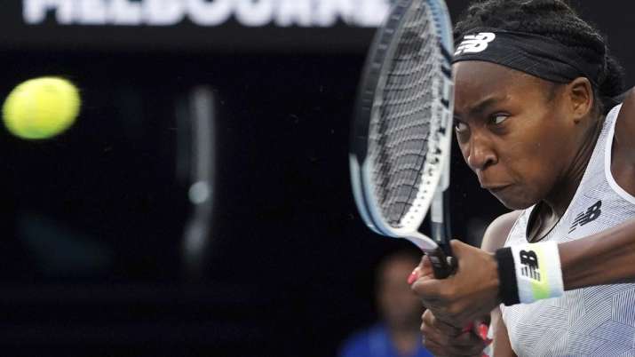 Coco Gauff of the U.S. makes a backhand return to Japan's