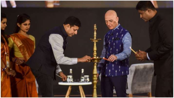 Amazon boss Jeff Bezos at an event in New Delhi on Wednesday.