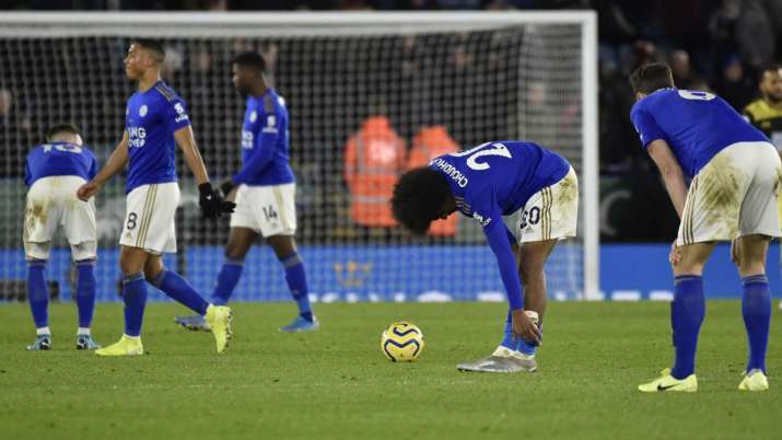 Leicester's Hamza Choudhury, centre reacts after the end of