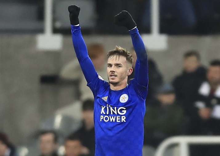 Leicester City's James Maddison celebrates scoring his