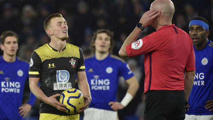 Southampton's James Ward-Prowse, reacts as the referee Lee