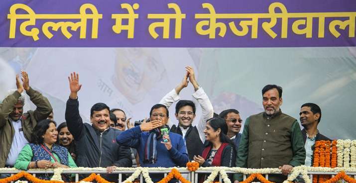 Delhi CM and AAP convenor Arvind Kejriwal (C) gestures