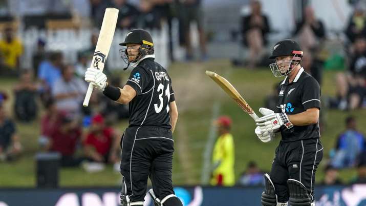 New Zealand's Martin Guptill celebrates his 50 runs during