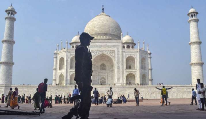 India Tv - Security personnel patrol the premises of Taj Mahal ahead of US President Donald Trump's visit, in A