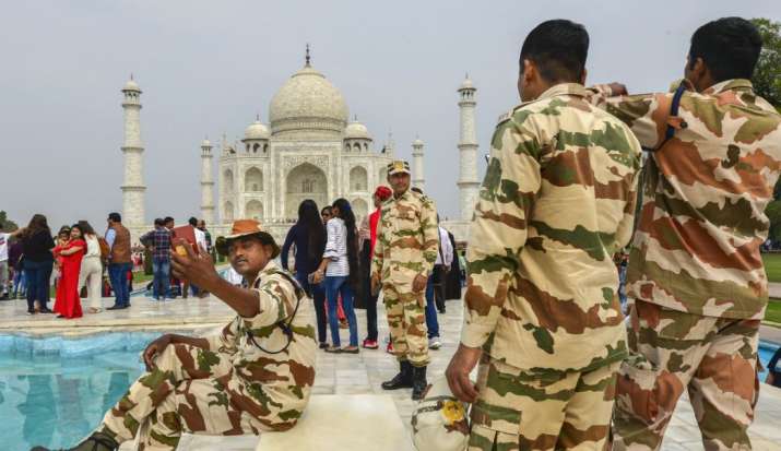 India Tv - Security Forces patrol the premises of Taj Mahal ahead of US President Donald Trump’s maiden visit t