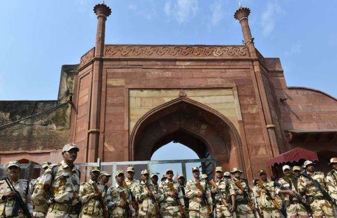 India Tv - Security Forces stand guard at the gate of Taj Mahal ahead of US President Donald Trump’s maiden vis
