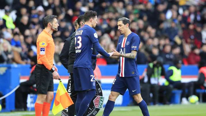 PSG's Angel Di Maria, right, walks off after being