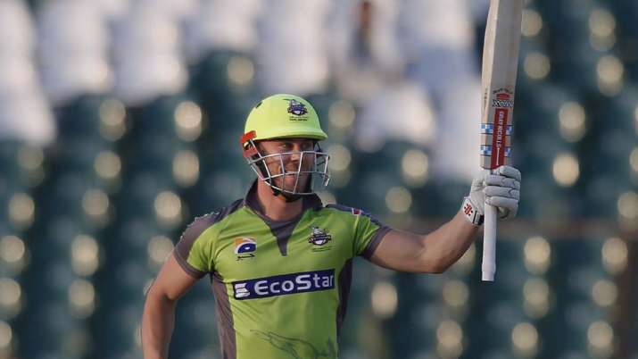 Lahore Qalandars batsman Chris Lynn celebrate after his