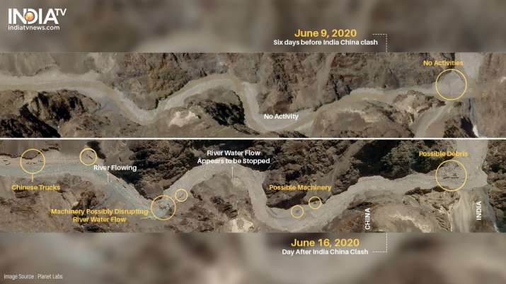 Satellite images taken between June 9 (before Indo-China clash) and June 16 (after Indo-China clash) show China trying to disrupt geography in the Gal