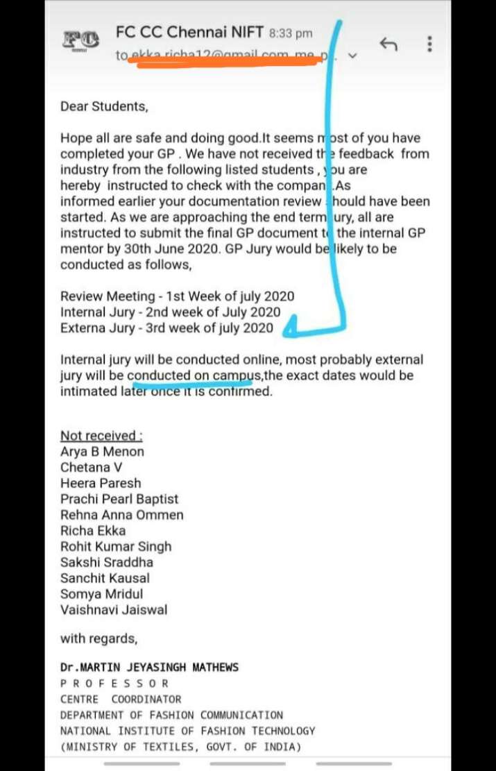 India Tv - Mails received by the students of NIFT Hyderabad