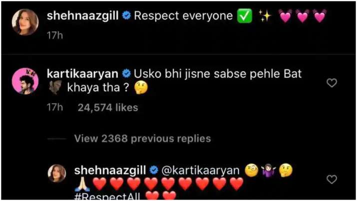 India Tv - Kartik Aaryan's comment on Shehnaaz Gill pic