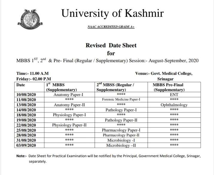 India Tv - Kashmir University issues date-sheet for MBBS students
