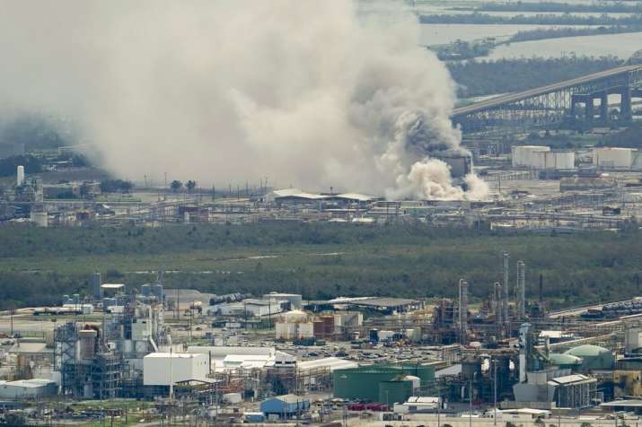 India Tv - A chemical fire burns at a facility during the aftermath of Hurricane Laura Thursday, Aug. 27, 2020,