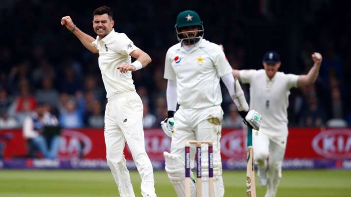 James Anderson of England celebrates taking the wicket of