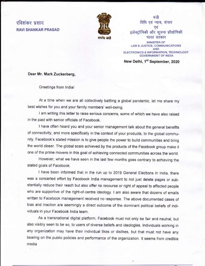 Ravi Shankar Prasad Writes To Mark Zuckerberg Says Problematic When Facebook Employess On Record Abuse Pm India News India Tv