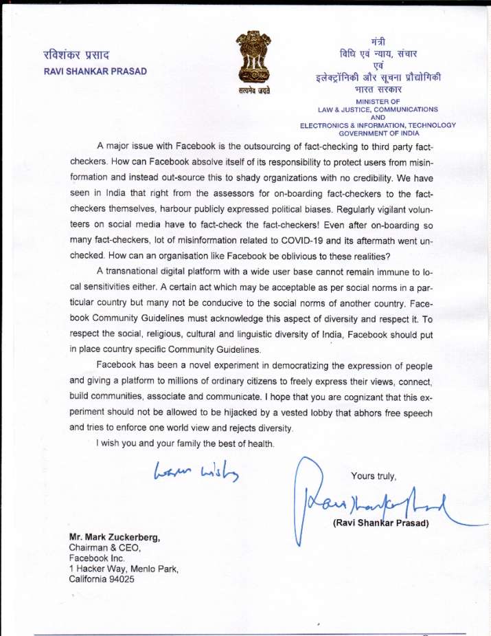 India Tv - Ravi Shankar Prasad letter to Mark Zuckerberg